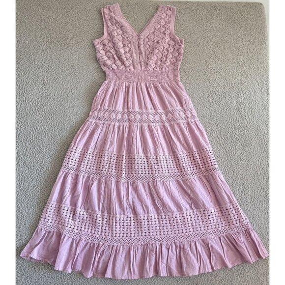 Nation Ak Outfits Dress Pink Crochet Sleeveless Maxi Boho Tiered - Picture 1 of 9